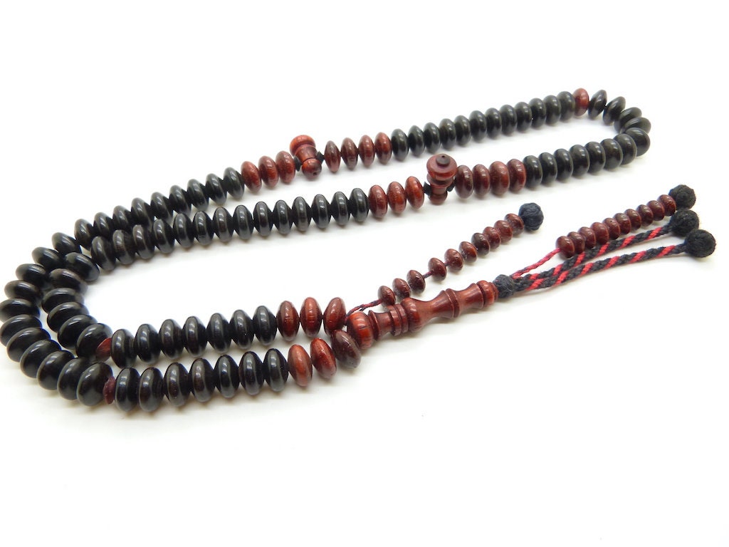 Chapelet en Ébène et Bois de Sang Tasbih Sebha Misbaha Subha 99 Perles