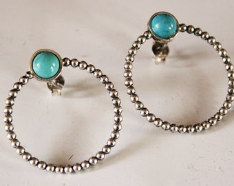 Hoops  turquoise stone,medium solid sterling Silver  stud Earrings