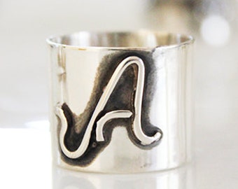 Initial ring ,Monogram Wide silver band