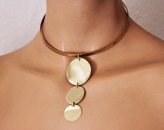 Choker Gold tone , brass statement necklace,