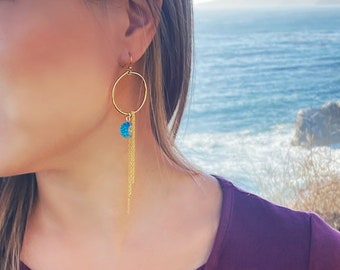 LUNA EARRINGS; moon charm, druzy quartz earrings, gold hoop earrings, delicate earring, handmade earrings, druzy earrings, drusy earrings
