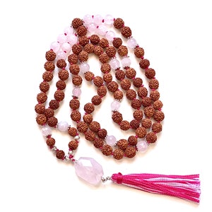 DIVINE LOVE MALA; rose quartz mala necklace, 108 bead mala necklace, rose quartz yoga necklace, knotted mala, bodhi seeds, long necklaces