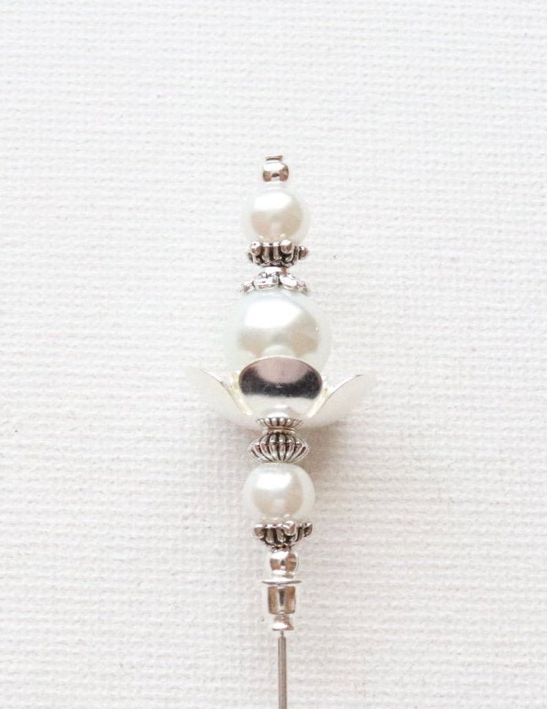 Hijab Pin Scarf Pin Stick Pin 1 x 5 White Flowered Pearl Vintage Antique Style Silver Plated Hat Pin