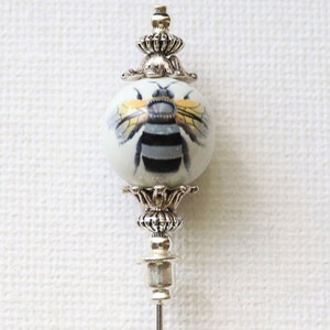 Hat Pin 1 x 5" Ceramic Bumble Bee Vintage Antique Style Silver Plated, Stick Pin, Hijab Pin, Scarf Pin