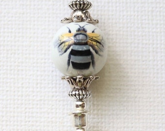 Hat Pin 1 x 5" Ceramic Bumble Bee Vintage Antique Style Silver Plated, Stick Pin, Hijab Pin, Scarf Pin