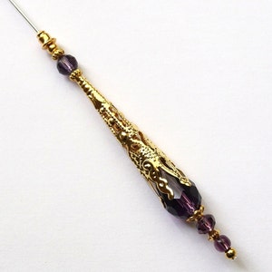 Hat Pin 6" Purple Crystal and Gold Filigree Vintage Antique Style Silver Plated,  Wedding Hats, Hijab Pin, Scarf Pin