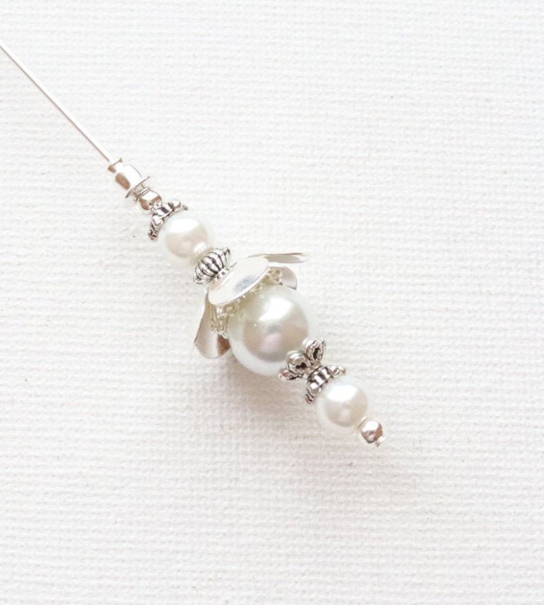 Hijab Pin Scarf Pin Stick Pin 1 x 5 White Flowered Pearl Vintage Antique Style Silver Plated Hat Pin