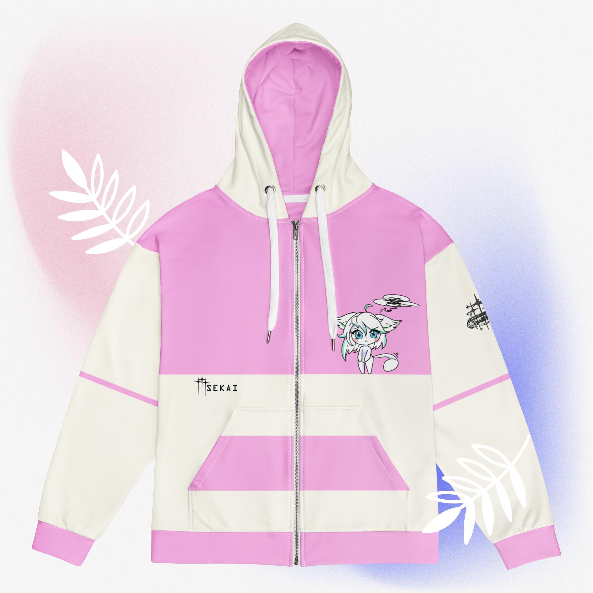 Grumpy in Pink - iiiSekai unisex zip hoodie, Pink and White Color block Jacket, Chibi Anime Clothes