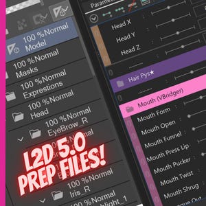 Puede incluir: Captura de pantalla de una computadora que muestra un programa de software para crear personajes animados en 2D. El programa tiene una lista de carpetas en el lado izquierdo de la pantalla, que incluyen "Modelo", "Máscaras", "Expresiones", "Cabeza", "Ceja_D", "Iris_D" y "Resaltar_1". El lado derecho de la pantalla muestra una lista de parámetros para ajustar las características del personaje, como "Cabeza X", "Cabeza Y", "Cabeza Z", "Pelo Pys", "Boca (VBridger)", "Forma de la boca", "Boca abierta", "Embudo de la boca", "Presionar labio de la boca", "Boca fruncida", "Torcer la boca", "Encogerse de hombros de la boca" y "Boca fuera". El texto "L2D 5.0 PREP FILES!" se muestra en rojo en la pantalla.