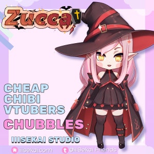 May include: A cartoon illustration of a pink-haired witch wearing a black and red dress and a pointed black hat with a red band. The witch has large yellow eyes and elf ears. The background is a light pink color with the text "Cheap Chibi Vtubers Chubbies: IIIsekai Studio" in white.