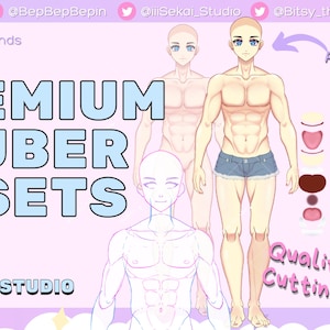 Könnte beinhalten: Werbebild für VTuber-Assets. Das Bild zeigt einen männlichen Anime-Charakter mit muskulösem Körperbau, der Jeansshorts trägt. Der Text enthält "PREMIUM VTUBER ASSETS" und "L2D 5.0 Face Folders."