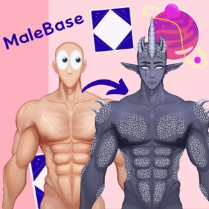May include: A digital illustration of a male base model with a muscular physique, and a blue and grey monster with a scaly skin texture. The monster has horns and a pointed tail. The text "MaleBase" is in the top left corner of the image.