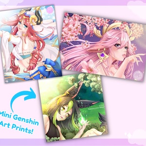 Genshin Impact Fan Art Mini Print / Estilo de arte anime / Impresión de arte de jugador / Set / Yae Miko / Tighnari / Nilou / Genshin PostCard / Mihoyo FanArt