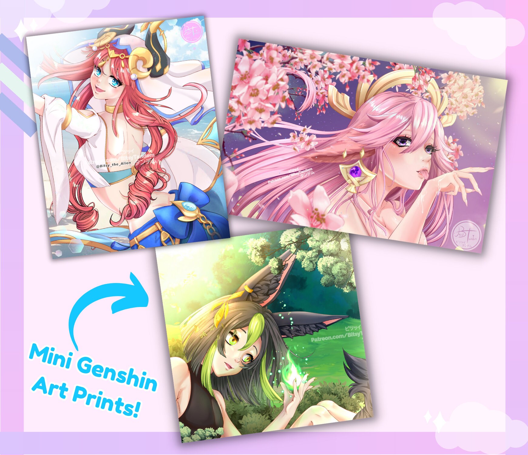 Genshin Impact Fan Art Mini Print | Anime art style | Gamer art print | Set | Yae Miko | Tighnari | Nilou | Genshin PostCard | Mihoyo FanArt