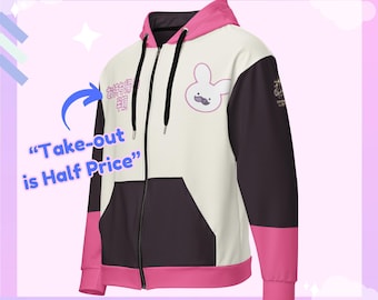 May include: A zip-up hoodie with a white front panel, black side panels, and pink accents on the hood and sleeves. The hoodie features a bunny graphic with a mustache and the text "Take-out is Half Price".