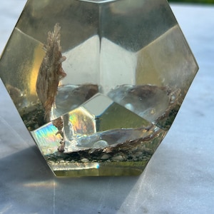 Puede incluir: Un pisapapeles hexagonal transparente de resina con un diseño natural. El pisapapeles contiene una pequeña planta seca y otros elementos naturales. La resina tiene un ligero tinte amarillo. Un artículo decorativo único.