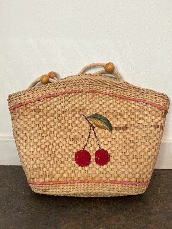 Vintage straw handbag cherry design/ raffia/ straw