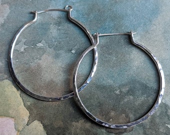 Sterling Silver Hammered Hoop Earrings - Basket Style Small or Large - Minimalist Dark Rustic Textured Simple Basic Every Day Aged Oxidized