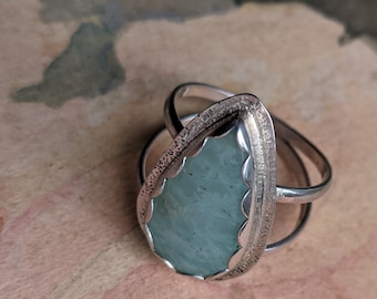 US 9 1/4 - UK S 1/4 Double Band Amazonite Sterling Silver Wide Ring Hammer Texture Rustic Handmade Artisan Green September Birthstone