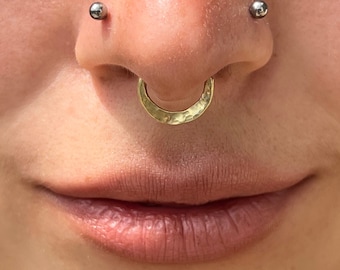 14G, 16G or 18G Septum Ring, Golden Brass Hammered Crescent Moon, Choose Gauges & Sizes, Hand forged, Stretched Piercing jewelry