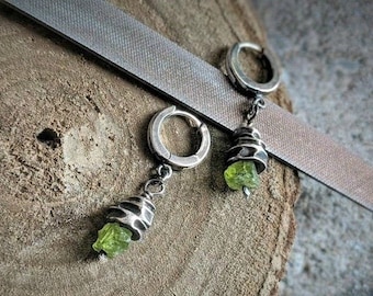 Oxidized Sterling Silver, Green Peridot, Creole Huggie Hoops, Raw Gemstone, Rough, Dark, Minimalist, Brutalist, Textured, August Birthstone