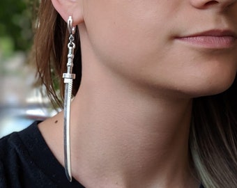 Extra Long Katana Samurai Sword Earweights rings Sterling Silver Plated RPG D&D Gamer Ninja Longsword Medieval Celtic Jewelry Hippie Tribal