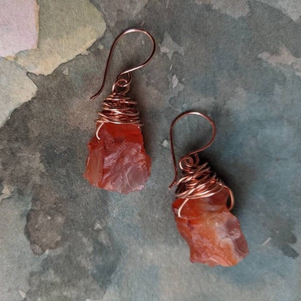 Carnelian Copper Earrings Orangy Red Raw Short Earthy Gemstone Dangles Witchy Rough Natural Wrapped Golden Brass BOHO jewelry