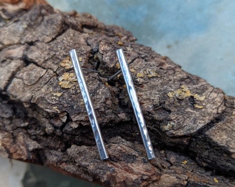 Sterling Silver Stick Post Earring Hammered Minimalist Textured Simple Dainty 30mm Long Ear Climber