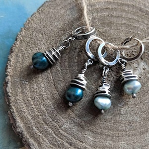 Freshwater Pearl Oxidized Sterling Silver, Creole Huggie Hoops, Raw Gemstone, Rough, Dark, Raw, Minimalist, Brutalist, Textured