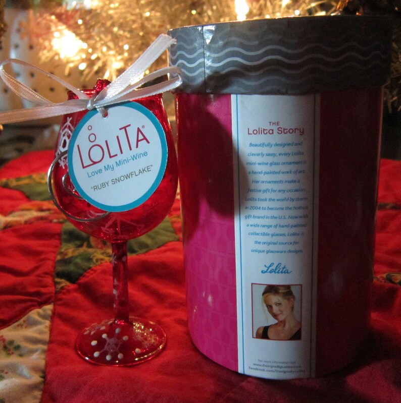 retired Lolita Love My Mini-Wine Ruby Snowflake Hand Painted Mini-wine Glass Ornament
