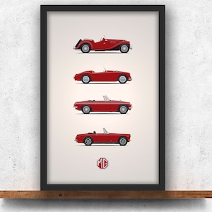 Unframed 11x17 inch color print of four classic MG sports cars - Perfect for British car lovers - FAST shipping!