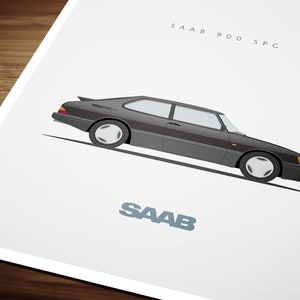 May include: A black Saab 900  SPC car with a white background. The car is in profile view and the text "SAAB" is printed below the car.