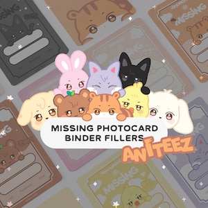 Könnte beinhalten: Ein Set farbenfroher Photocard-Binder-Füller mit niedlichen Comic-Tieren. Die Karten haben einen weißen Hintergrund mit schwarzen Umrissen und zeigen den Text "MISSING" in einem gelben Kasten. Der Text "ANITEEZ" ist in einem weißen Kasten mit schwarzem Umriss geschrieben.