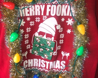 Merry Fookin Christmas LIGHTS Up Mask Unisex Conor McGregor ugly men's  women’s Sweater size medium party holiday festive novelty vintage