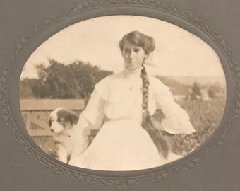 Antique Photo of Young Woman with Dog