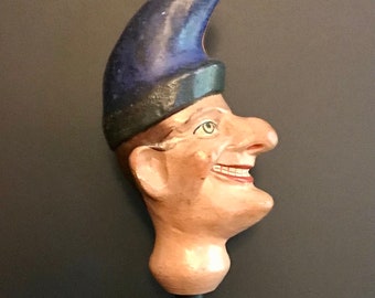 Antique Wooden Painted Puppet Head, Jester, Mr. Punch, On Wood Stand