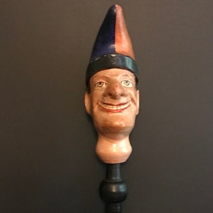 Antique Wooden Painted Puppet Head, Jester, Mr. Punch, On Wood Stand image 2