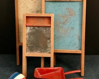 Antique Toy Washboards, Red, White and Blue Wood and Tin