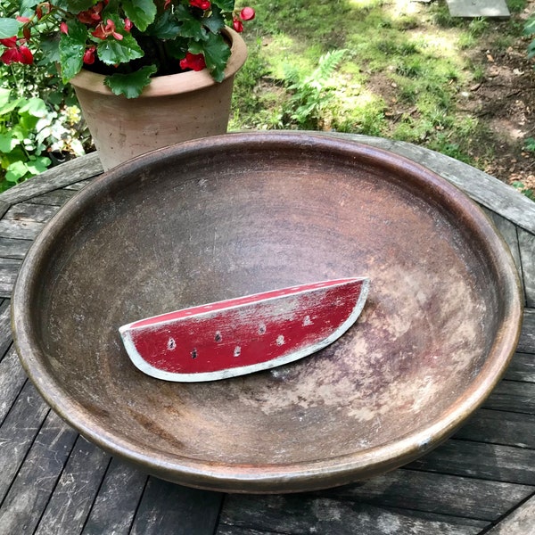 Antique American Redware Footed Bowl, Huge 16 3/4"