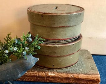 Antique Small Round Pantry Boxes, Paint Decorated, Gray, Red, Black