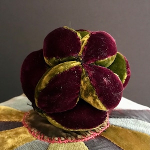 Antique Puzzle Ball, Pin Cushion, Burgundy and Gold Velvet