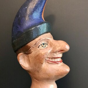 Antique Wooden Painted Puppet Head, Jester, Mr. Punch, On Wood Stand image 3