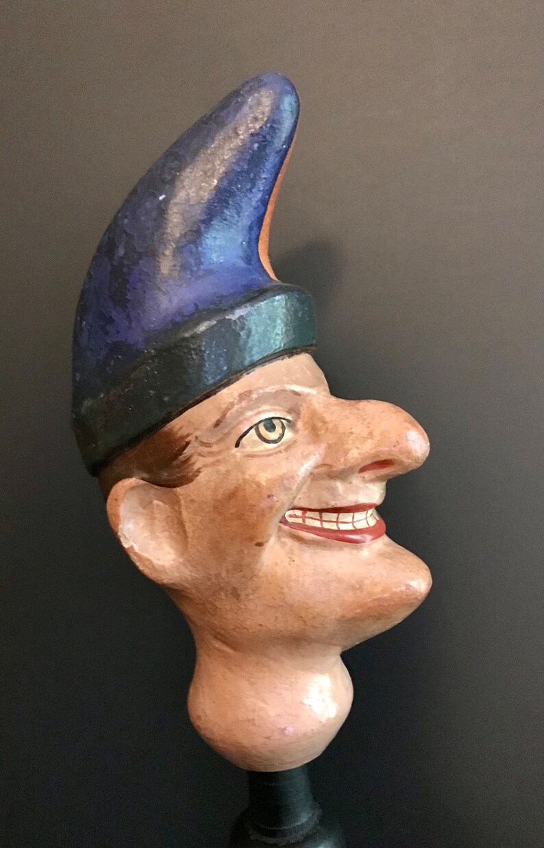 Antique Wooden Painted Puppet Head, Jester, Mr. Punch, On Wood Stand image 3