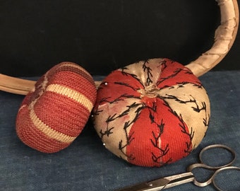 Antique Pincushions, Red and Cream, Knitted and Wool