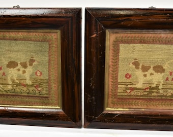 Antique Pair of Needlepoint Dogs, in Matching Frames, c. 1850
