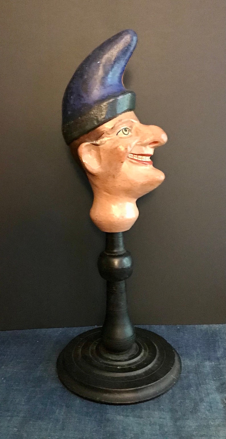 Antique Wooden Painted Puppet Head, Jester, Mr. Punch, On Wood Stand image 1