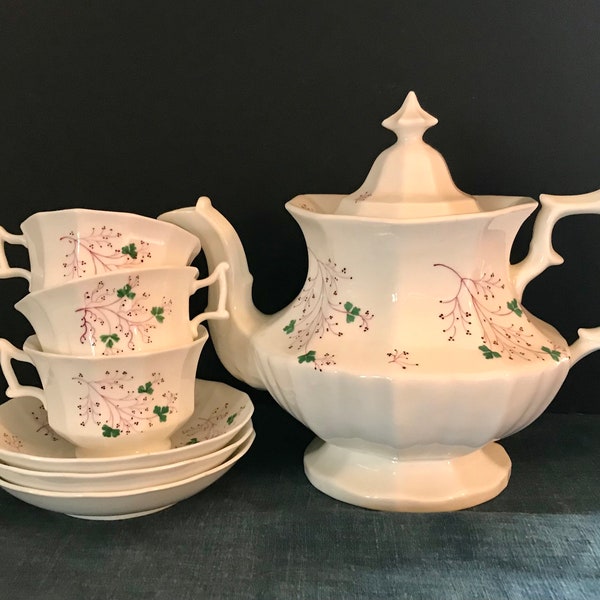 Antique Soft Paste Teapot, Teacups and Saucers, Sprig Pattern