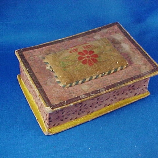 Antique c 1850 Miniature Sewing Trinket  Box,Dresden Trim, Theorem Pin Cushion Top