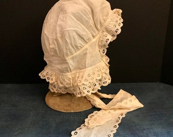 Antique Baby Bonnet, Handmade Eyelet Lace