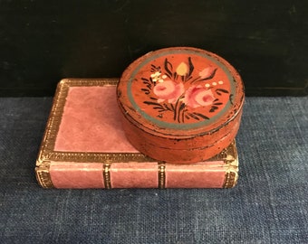 Antique Papier Mache Snuff Box, Red with Flowers